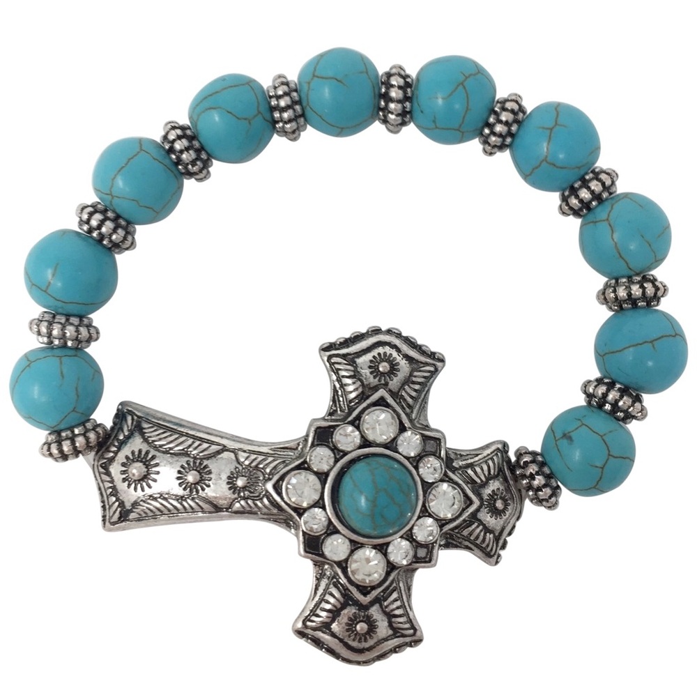 Sideways Cross Turquoise Beaded Christian Silver Tone Stretch Bracelet
